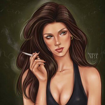 A stylized digital illustration of a woman with long flowing brown hair holding a lit cigarette, set against a dark green chalkboard background with faint cursive writing.
