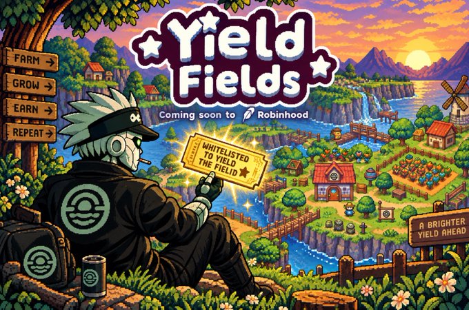 A colorful promotional image for 'Yield Fields' coming soon to Robinhood features a hooded, white-haired character holding a 'Whitelisted to Yield the Field' ticket, overlooking a vibrant farming landscape.
