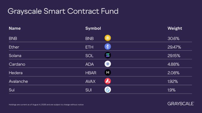 A Grayscale Smart Contract Fund table listing cryptocurrencies including BNB (30.6%), ETH (29.47%), SOL (29.15%), ADA, HBAR, AVAX, and SUI with their respective weights, current as of August 4, 2026.