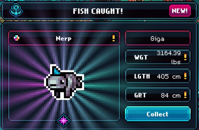 A pixel-art video game "FISH CAUGHT!" screen displays a new fish called "Nerp" classified as "Giga" with stats: WGT 3164.39 lbs, LGTH 405 cm, GRT 84 cm, and a "Collect" button.