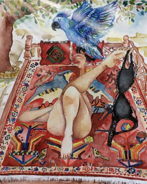 A watercolor-style painting depicts a reclining nude figure on a patterned red rug with a blue parrot above and a black cat nearby.