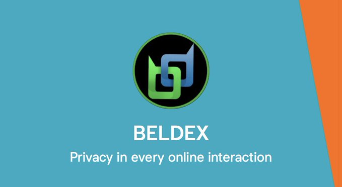 A logo screen for 'BELDEX' featuring a green and blue geometric icon in a black circle, accompanied by the tagline 'Privacy in every online interaction' on a teal background.