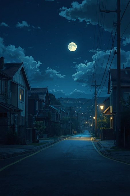 The image shows a street at night with a full moon shining brightly above, casting a soft glow over the scene. The houses lining the street are lit up, creating a warm atmosphere despite the darkness of the night. A few cars can be seen parked along the street, and there is a person standing on the sidewalk near one of the houses. The image also contains text that reads "Good morning everyone Quick focus before the day starts. Quack House is back later and I am genuinely curious how video reactions slot into the current scoring meta @wallchain".