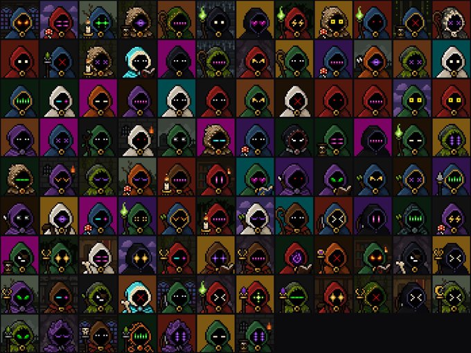 A pixel art sprite sheet displaying numerous variations of a hooded character with glowing eyes and mouth, each wearing different colored robes and holding items like candles, staffs, and skulls.