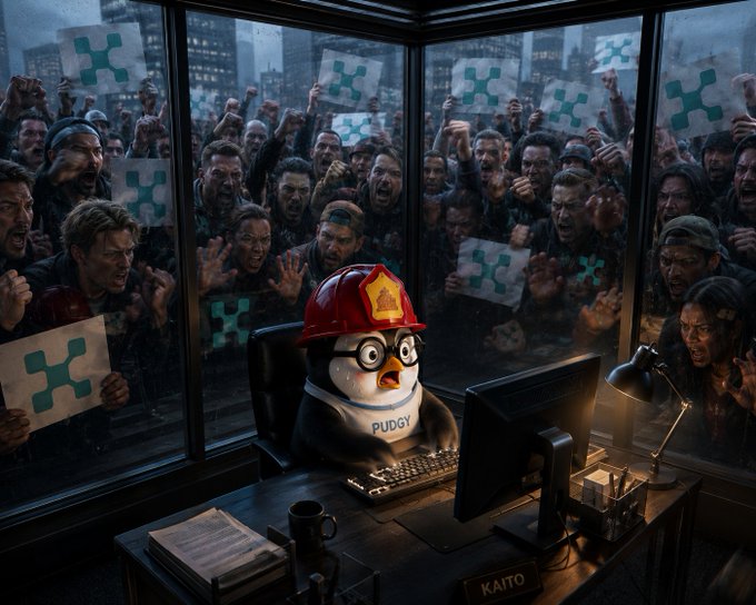A digital illustration of a penguin character named 'PUDGY' and wearing a red firefighter helmet, sitting at a desk with a monitor while an angry mob with 'X' signs presses against the windows, with a 'KAITO' nameplate on the desk.