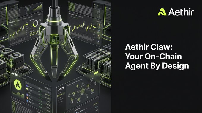 A promotional banner for Aethir featuring a robotic claw graphic, with the text 'Aethir Claw: Your On-Chain Agent By Design'.