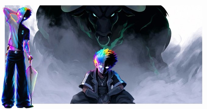 An anime-style illustration showing a colorful-haired character sitting before a shadowy panther spirit, with a second figure standing to the left holding a glowing umbrella.