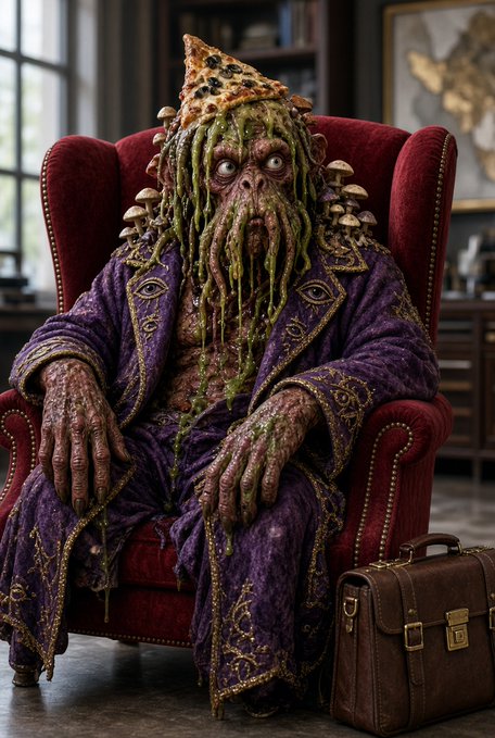 A detailed digital illustration of a fantastical mushroom creature with green mossy hair, mushrooms growing from its body, and a wizard-like hat, sitting in a red velvet armchair next to a brown leather briefcase.