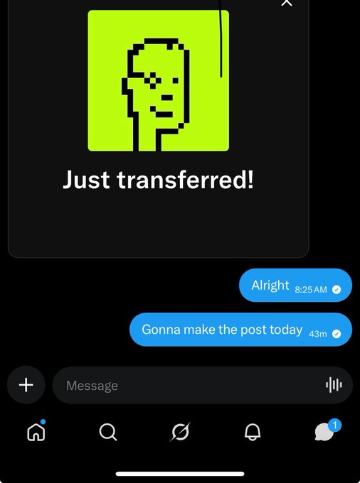 The image shows a direct message conversation confirming a transfer of an NFT (a pixelated green face artwork) with messages "Alrigh [sic]" and "Gonna make the post today," suggesting the recipient is about to announce an NFT giveaway as mentioned in the accompanying post.