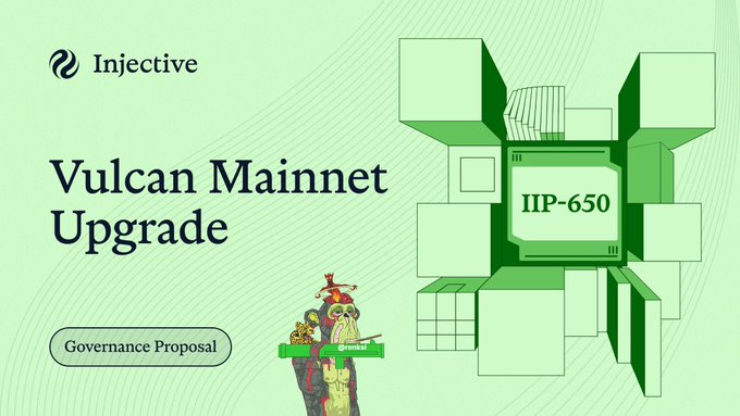 The image features a poster with a cartoon character holding a green cube labeled "Vulcan Mainnet Upgrade" against a light green background. The text at the bottom of the poster reads, "Governance Proposal", indicating that this is an injective project related to the mainnet upgrade for the Vulcan mainnet.