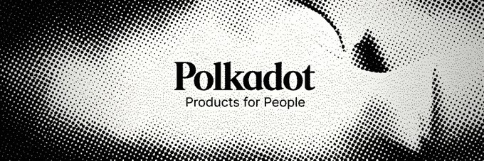 Black and white halftone-style banner for Polkadot displaying the text 'Polkadot - Products for People'.