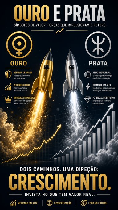 A financial infographic titled 'OURO E PRATA' (Gold and Silver) compares two rocket launches to symbolize 'CRESCIMENTO' (Growth), highlighting market value reserves, global refuge, security, industrial activity, and demand.
