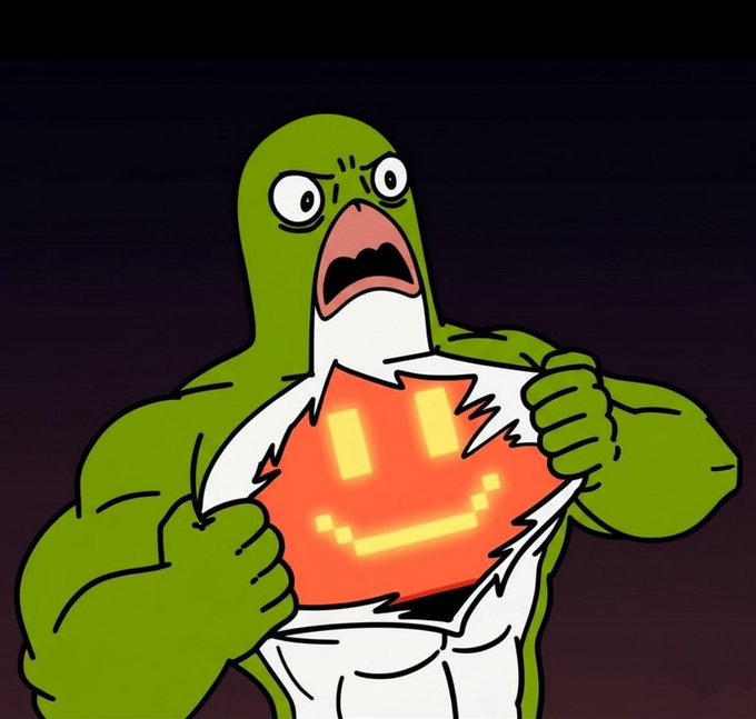 A cartoon image depicts a muscular green creature ripping open its white shirt to reveal an orange pixelated smiley face on its chest, resembling a superhero reveal.