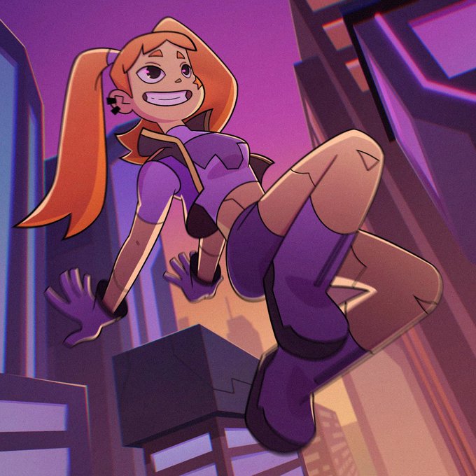 An animated cartoon character with orange pigtails, a purple outfit, and purple boots appears to be leaping or jumping through a stylized urban environment.