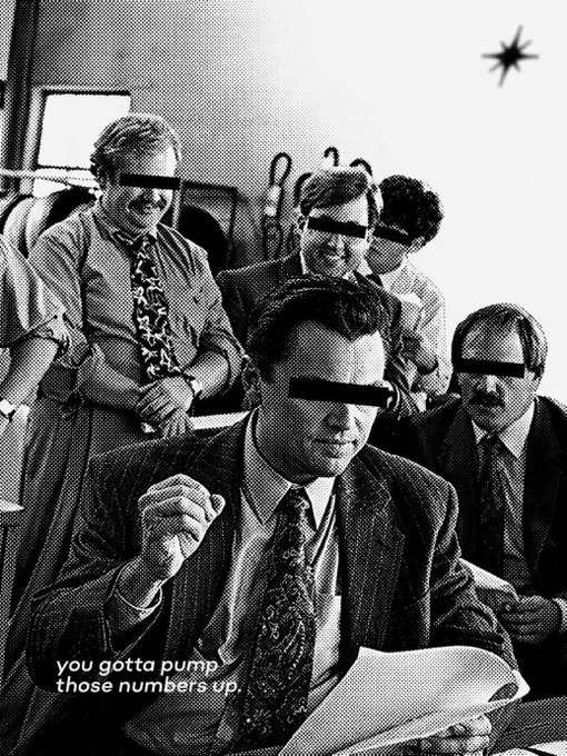 A black-and-white office scene shows a man in a suit raising his fist while saying "you gotta pump those numbers up," surrounded by coworkers, humorously capturing the relentless hustle energy of the July recap's many accomplishments.