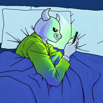 A cartoon illustration of an anthropomorphic bull wearing a green jacket, lying in bed under blue blankets while looking at a smartphone.