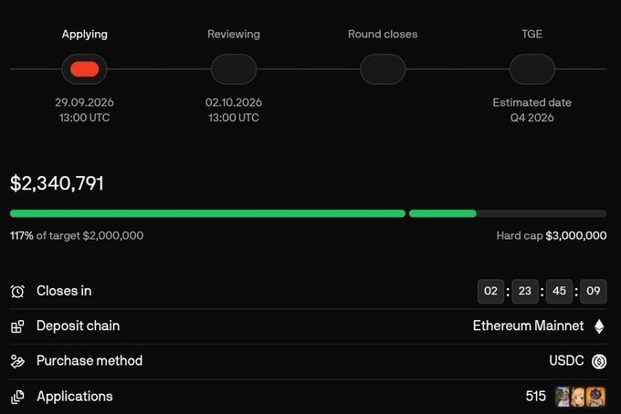 The image displays a presale dashboard for Jumper ($JUMP) showing the "Applying" phase active with $2,340,791 raised—117% of the $2,000,000 target—on the Ethereum Mainnet via USDC, supporting the claim that the presale reached its goal in under 15 minutes with a countdown showing 02:23:45:09 remaining.