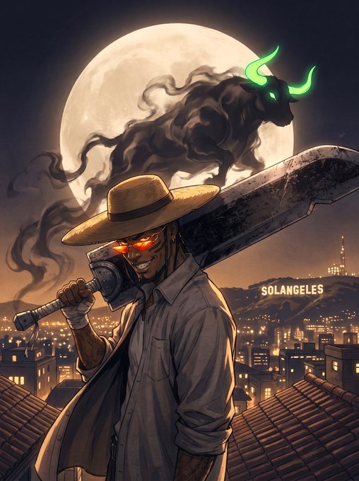 A dark comic-book style illustration of a man with glowing red eyes and a straw hat carrying a massive sword on his shoulder, with a shadowy bull-like creature with glowing green horns emerging from smoke behind him, overlooking a city labeled 'SOLANGELES' under a full moon.