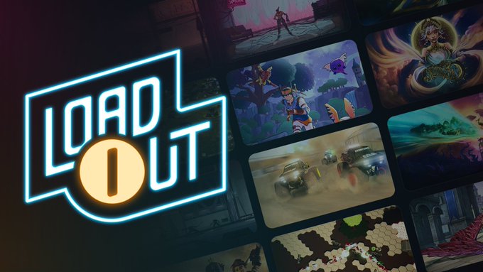 A promotional graphic for 'LOADOUT,' a video game featuring a neon-style logo and a grid of colorful game screenshots showcasing various characters and environments.