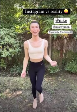 A young woman in a sports bra and black leggings laughs while jumping in a garden, with overlaid text 'Instagram vs reality' and tags '@nike @nikewomen @tommie #fashion' referencing a humorous video trend.