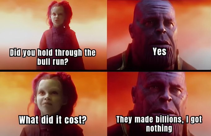 The image shows a cartoon scene with two characters - a girl and a character resembling Thanos from the movie "Avengers". They are both standing next to each other against an orange background, which could be interpreted as a sunset or a fire. The text in the image includes questions about whether the bull run was worth it and what cost they paid for it.