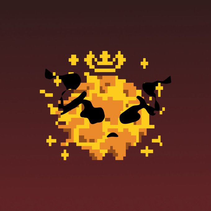 A pixel-art glitched face wearing a golden crown, set against a dark red background, evokes the "GLRTCH" (glitch) theme of the 3,404-piece NFT collection launching on Robinhood Crypto. The fragmented, corrupted aesthetic with black splotches and scattered pixels visually reinforces the "glitch" branding of the drop.