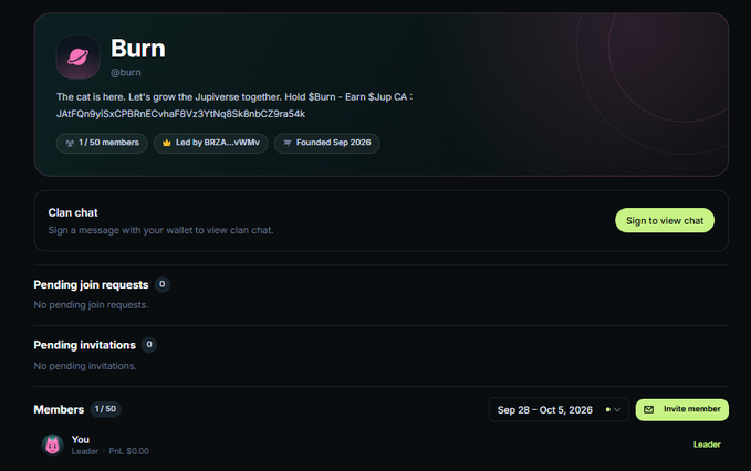 A screenshot of a crypto community chat called 'Burn' with the handle @burn, displaying a cat meme about growing the Jupiverse together, showing 1/50 members and founded September 2026.