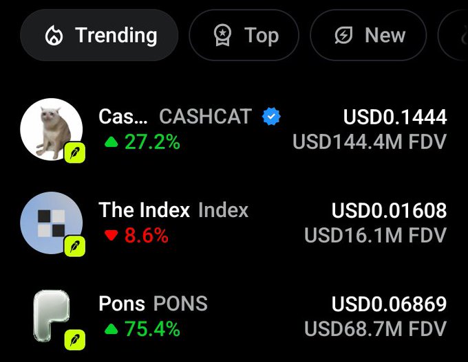 A cryptocurrency app screen showing trending tokens with CASHCAT up 27.2% at USD0.1444 (USD144.4M FDV), The Index down 8.6% at USD0.01608, and PONS up 75.4% at USD0.06869.