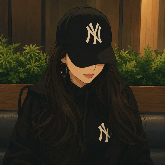 An anime-style illustration of a woman with long dark hair wearing a black NY Yankees cap and matching hoodie, with her face partially obscured.