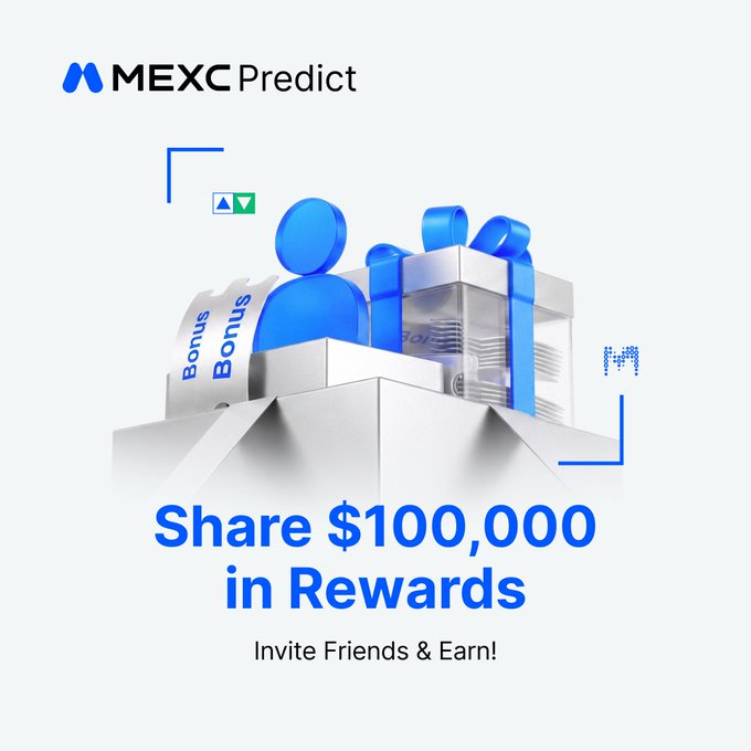 A promotional graphic for MEXC Predict featuring a 3D blue character holding a gift box, with text reading 'Share $100,000 in Rewards' and 'Invite Friends & Earn!'.