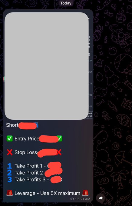 A Telegram trading signal screenshot showing an entry price with multiple take profit targets and a stop loss, advising to use 5X maximum leverage.