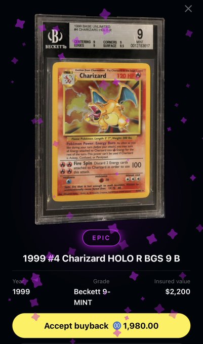 A 1999 Base Set Charizard Holo card graded BGS 9 is displayed in a Beckett grading slab, with the app offering a $1,980 buyback on the $2,200 insured value. The image ties into the post's context by showing a valuable Pokémon collectible and referencing Solflare's broader wallet features, like point-of-sale spending through app.spenders.xyz.
