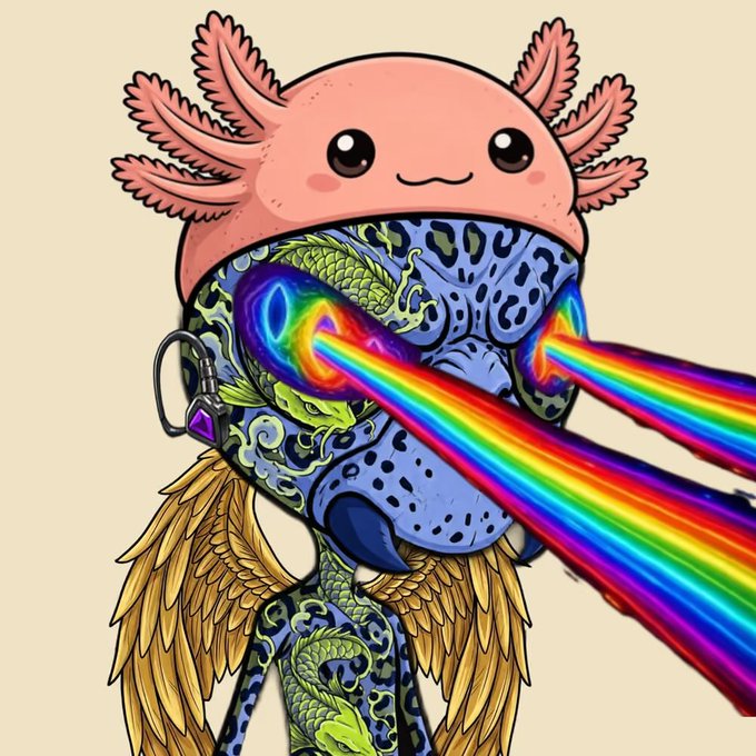 A pink axolotl character with golden wings shoots vibrant rainbow laser beams from its eyes, set against a cream background, fitting the post's enthusiasm for showcasing a prized NFT from a unique digital art collection.