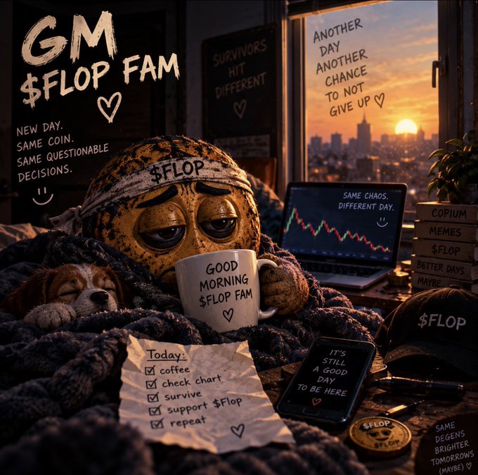 A melancholic digital illustration of a sad face-wearing plush mascot in a '$FLOP' beanie, drinking 'GOOD MORNING $FLOP FAM' coffee beside a sleeping dog, with text overlays like 'GM $FLOP FAM' and 'SURVIVORS HIT DIFFERENT' surrounding a laptop showing red market charts.