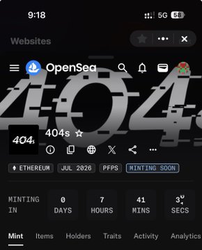 A mobile screenshot of the OpenSea NFT marketplace displaying a countdown timer at 404s, with a "Minting Soon" badge for the "404s" collection on Ethereum, set to mint in 7 days, 41 hours, and 3 minutes. The "404s" name cleverly ties into the post's "Hero or Zero" theme, highlighting the impending minting event the poster is monitoring.