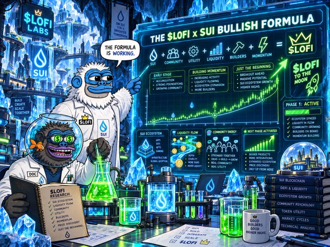 A vibrant promotional graphic for '$LOFI LABS' features a yeti character in a lab coat beside a screen displaying 'THE $LOFI x SUI BULLISH FORMULA', along with charts and beakers of glowing green liquid.