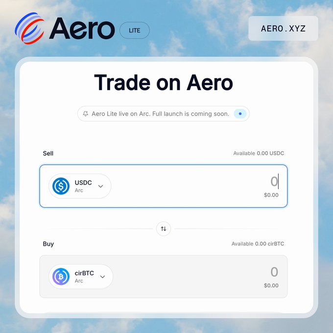 The image shows the Aero Lite trading interface (AERO.XYZ) where users can swap USDC on Arc for cirBTC on Arc. The trade form displays zero balances for both assets and notes that "Aero Lite live on Arc. Full launch is coming soon." This visualizes the platform where cirBTC can be purchased, aligning with the post's bullish sentiment on cirBTC.