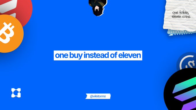 A blue promotional graphic displays the phrase "one buy instead of eleven" alongside Bitcoin and Solana logos, a notepad reading "one token, eleven coins," and the handle "@vikktorine." The design visually reinforces the post's message about the CIV token, which consolidates holding multiple cryptocurrencies (BTC, ETH, SOL, XRP, and others) into a single token rather than executing eleven separate trades.