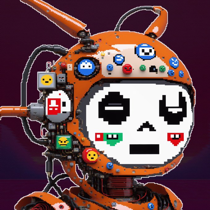 A pixel-art orange robot is covered in colorful face-like icons and mechanical parts, with no clear readable names, numbers, or tickers. The image appears to represent an OG NFT builder or community figure, aligning with the post’s praise of @iamnick44 and the Sproto Gremlin NFT project.