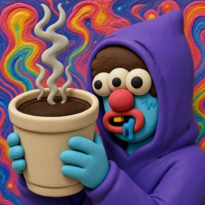 A claymation-style figure with three eyes, blue skin, and a purple hood holding a large cup of steaming coffee against a colorful swirly background.