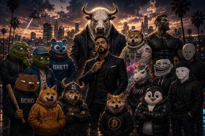 A dramatic ensemble image features a central bearded man in a suit surrounded by various meme characters and animals—including Shiba Inu dogs labeled "FLOKI" and "BONK," Pepe the Frog, a trollface, and a penguin—set against a dystopian city skyline at dusk with a large bull figure looming behind. The post "$NPC spotted!!!" ties into the image by referencing the "BRETT," "BOBO," and other labeled meme figures arranged like an NPC roster lineup, with the central suited figure appearing as the "main character" among the meme icons.