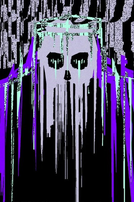 A glitch-art rendering of a white skull dripping and bleeding in vibrant purple, mint green, and black pixelated streaks, fittingly captioned "Pit of Glitch" to match its corrupted, melting aesthetic.