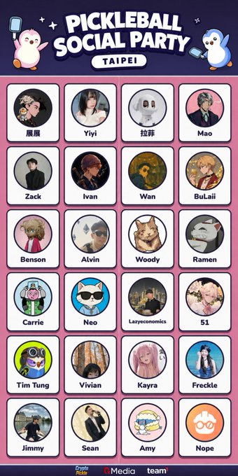 A pink-themed promotional graphic for a 'PICKLEBALL SOCIAL PARTY TAIPEI' featuring a grid of 24 circular profile pictures with names like Yiyi, Zack, Ivan, Benson, and Carrie, branded with Crypto.com, Media, and team logos.