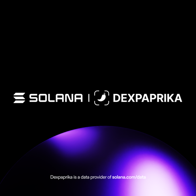 A promotional graphic displaying the logos for Solana and Dexpaprika with text stating 'Dexpaprika is a data provider of solana.com/data'.