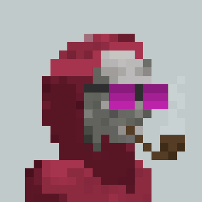 A pixel art image showing a red-hooded figure with purple/magenta sunglasses, white beard, and what appears to be a cigar or object in hand against a light blue background.
