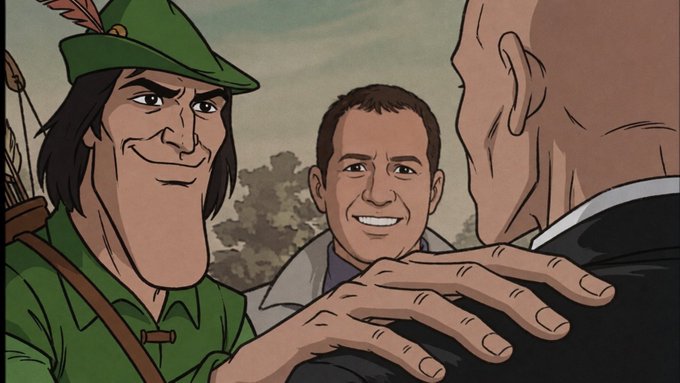 An animated illustration showing cartoon versions of Robin Hood, Mark Wahlberg, and another character smiling and gesturing warmly.