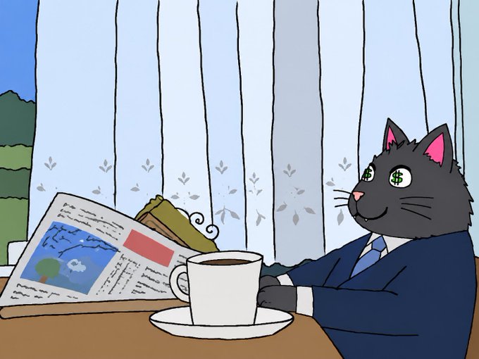 A cartoon illustration of a gray cat in a suit with dollar signs for eyes sitting at a table with a newspaper and coffee cup.