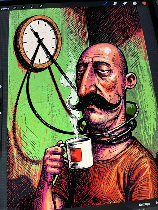 A stylized digital illustration shows a tired bald man with a mustache drinking from a steaming mug chained to a wall clock, symbolizing being bound by time.