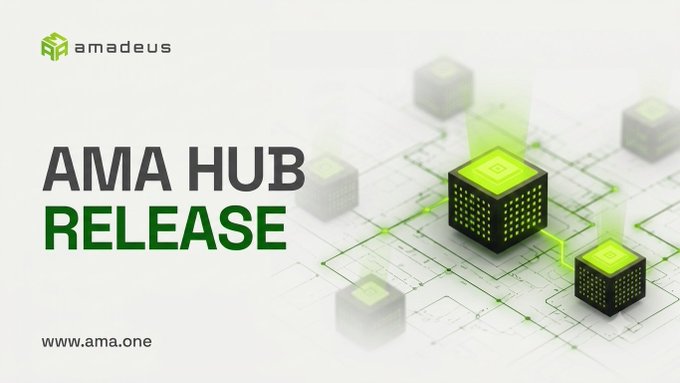 A promotional graphic displays 'AMA HUB RELEASE' by Amadeus with green glowing cubes connected on a circuit-like grid and the URL 'www.ama.one'.