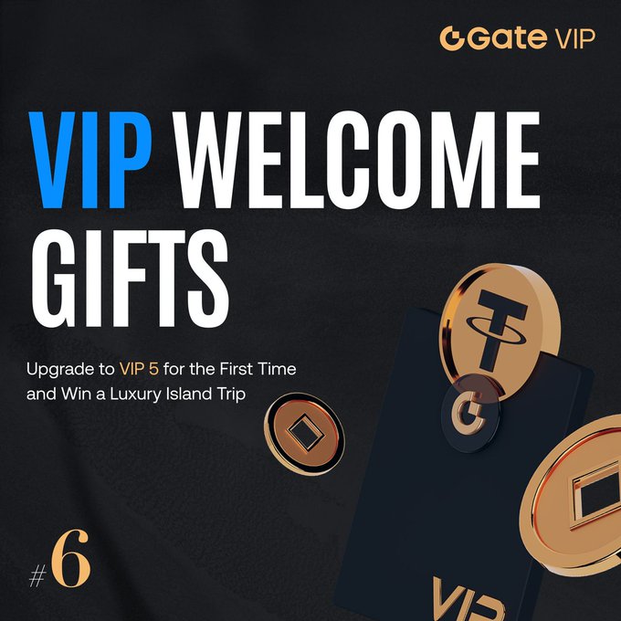 A promotional graphic for Gate.io VIP Welcome Gifts, advertising 'Upgrade to VIP 5 for the First Time and Win a Luxury Island Trip,' featuring golden coins with Tether (USDT) and other cryptocurrency logos.